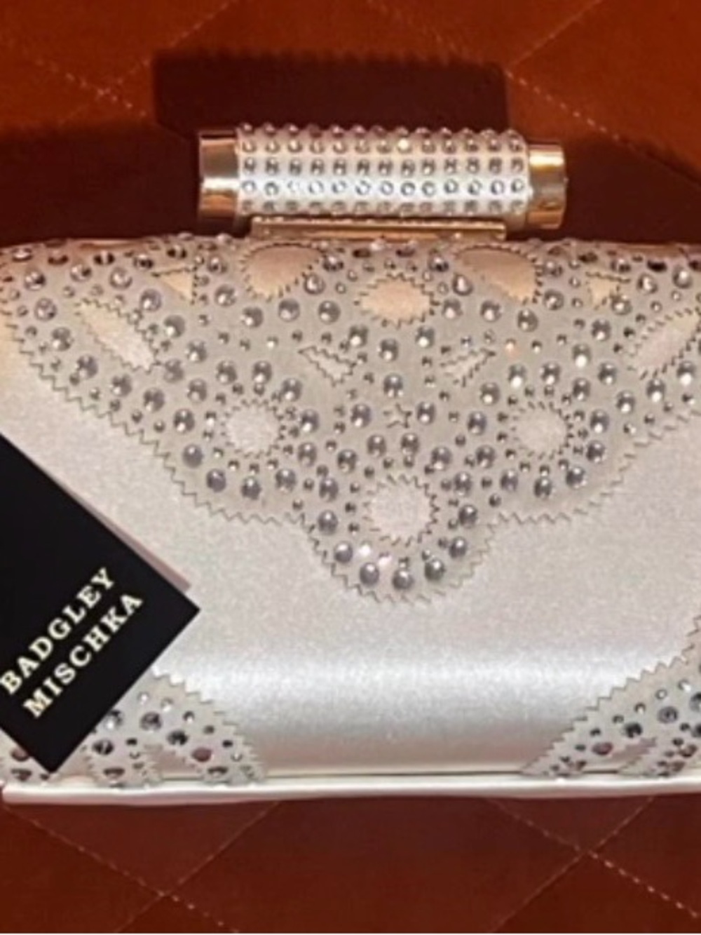 Badgley Mischka Ivory Crystal-Embellished Satin Evening Clutch